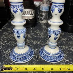 New / never Used Pair  Of Vintage Delft Floral Candle Stick Holders Holland Hand Painted