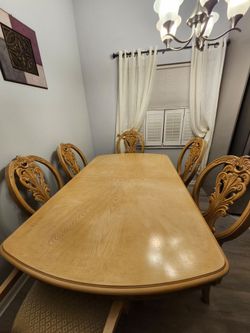 Wood Dining Table with 6 Ornate Chairs