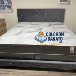 NEW BED FRAME KING SIZE GRAY WITH MATTRESS AND BOX SPRING