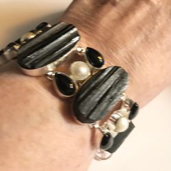 Tourmaline Black Onyx Pearl 925 Sterling Silver Bracelet 