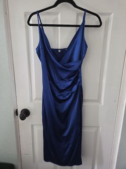 Blue Satin Ruched Mini Dress