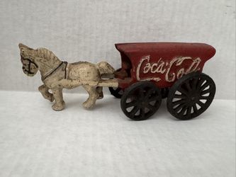 Coca Cola Cast Iron Red Wagon White Horse Drawn Covered Toy Vintage