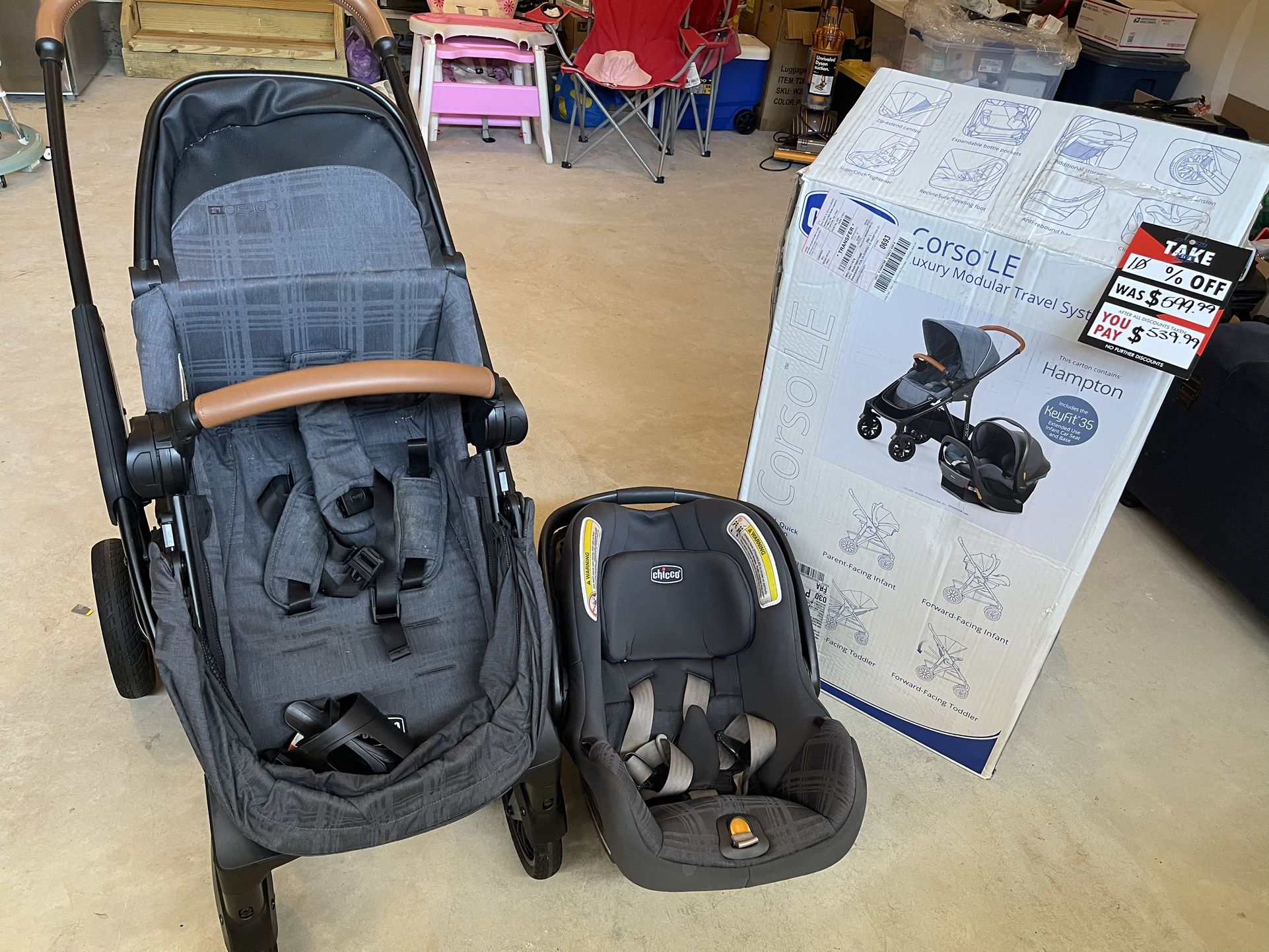 New condition / CHICCO Corsole Luxury Modular Travel System / Stroller & Infant car seat with base