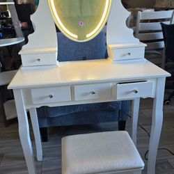 New LED Wood Makeup Vanity Table and Stool Set White (Already Assembled)