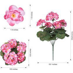 Artificial Geranium Fake Flowers for Outdoors Decoration, 6 Bundles Silk Geraniums Pink Flower UV Resistant Look Real Faux Plants for Outside Planter 