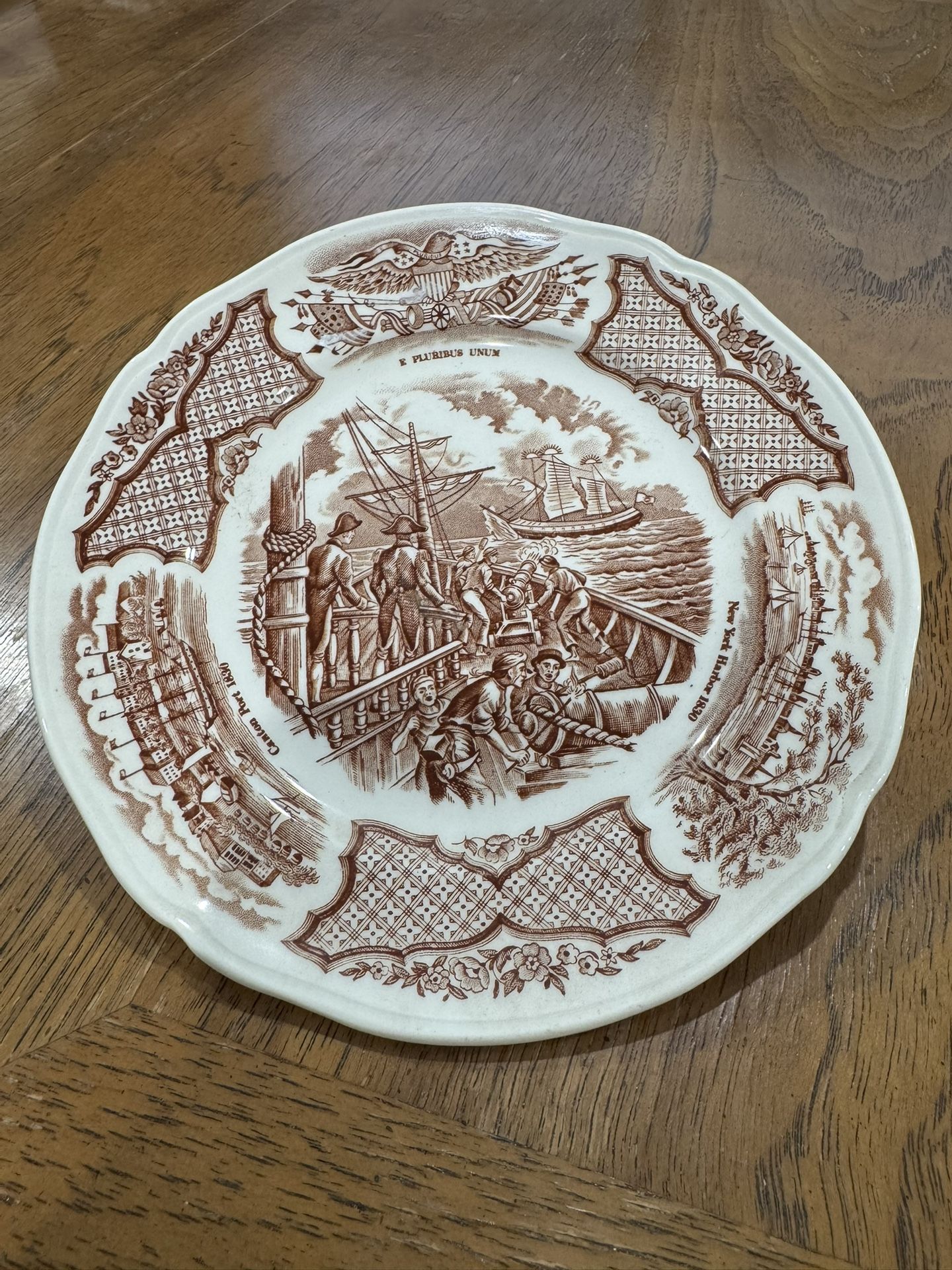 Alfred Meakin "Fair Winds" brown transferware plate, featuring USS Constitution