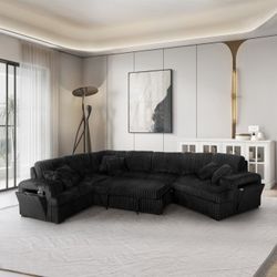 Brand New Jumbo Corduroy BLACK RHF Fabric Half U-Shaped Pull Out Sectional Sofa w/ Storage Armrest w/ USB + Pillows