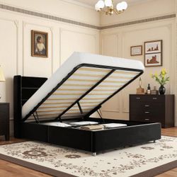Luxury Queen Size Velvet Upholstered Platform Bed with Wingback, Lift-Up Storage & No Box Spring, Black