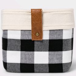 Threshhold New Threshold Canvas Storage Bin Basket Black White Plaid Leather Handles 6 x 8