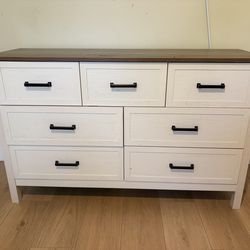 Distressed white dresser  with wood top 7 drawers