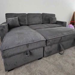 Dark Gray Corduroy Sectional Sofa Pull-out Bed & storage Chaise, Sectional Sleeper