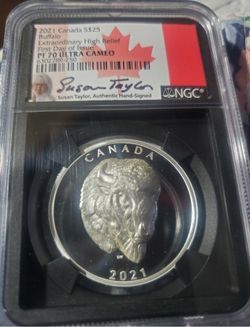 NGC 2021 Canada Silver $25 Buffalo Extraordinary High Relief NGC PF70 Ultra Cameo Signed FDO