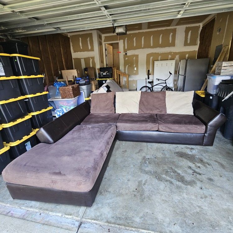 Brown Leather Sectional With Microsuede Cushions