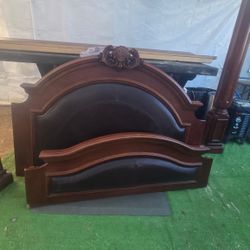 Leather Bed Frame With Pillars And Dark Wood