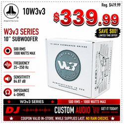 JL Audio 10W3v3 Bass Speaker W3v3 Series 10" Subwoofer 1000 Watts 🚨 Payment Options Available 🚨 No Credit Needed 🚨