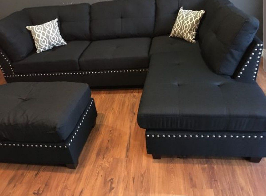Brand New Reversible Black Sectional + Ottoman (New In Box) 