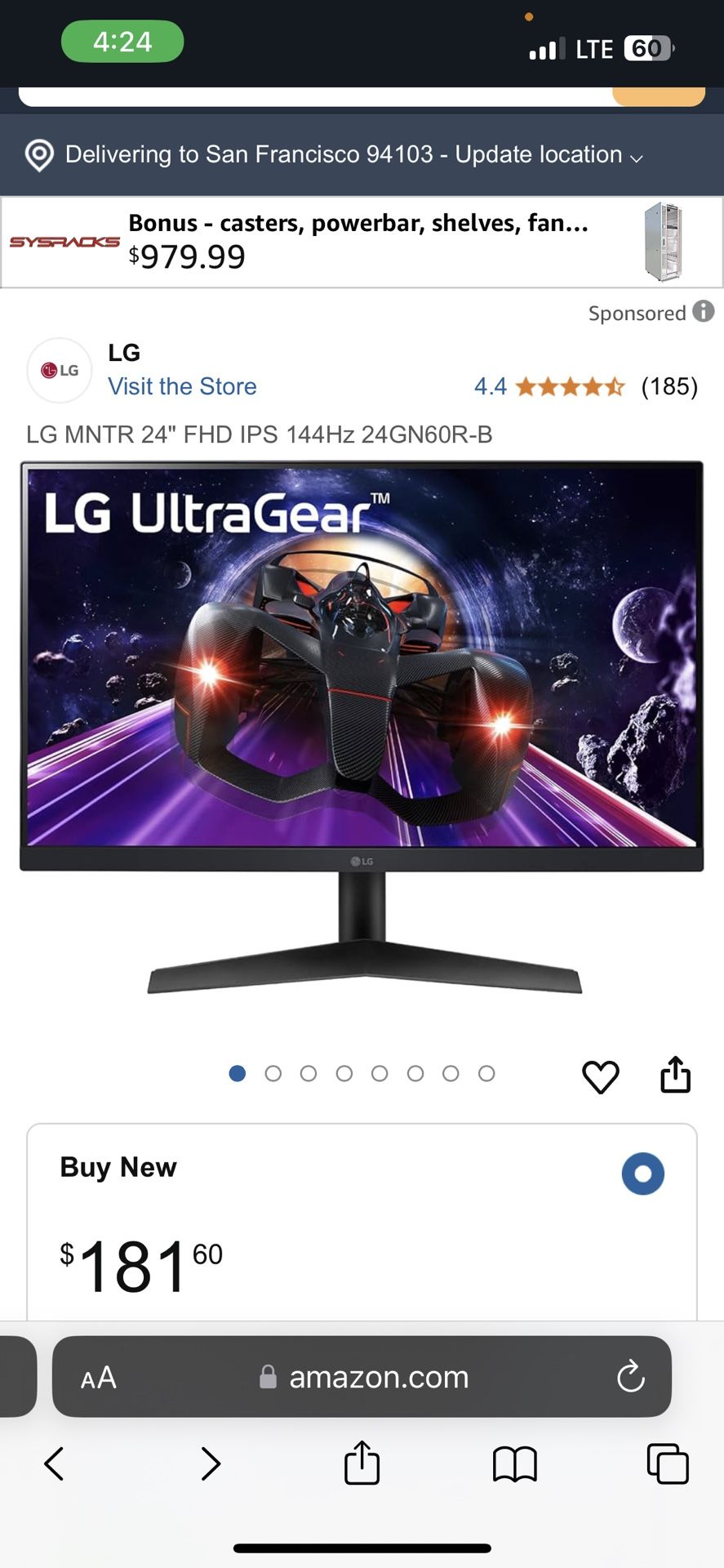 LG MNTR 24" FHD IPS 144Hz 24GN60R-B