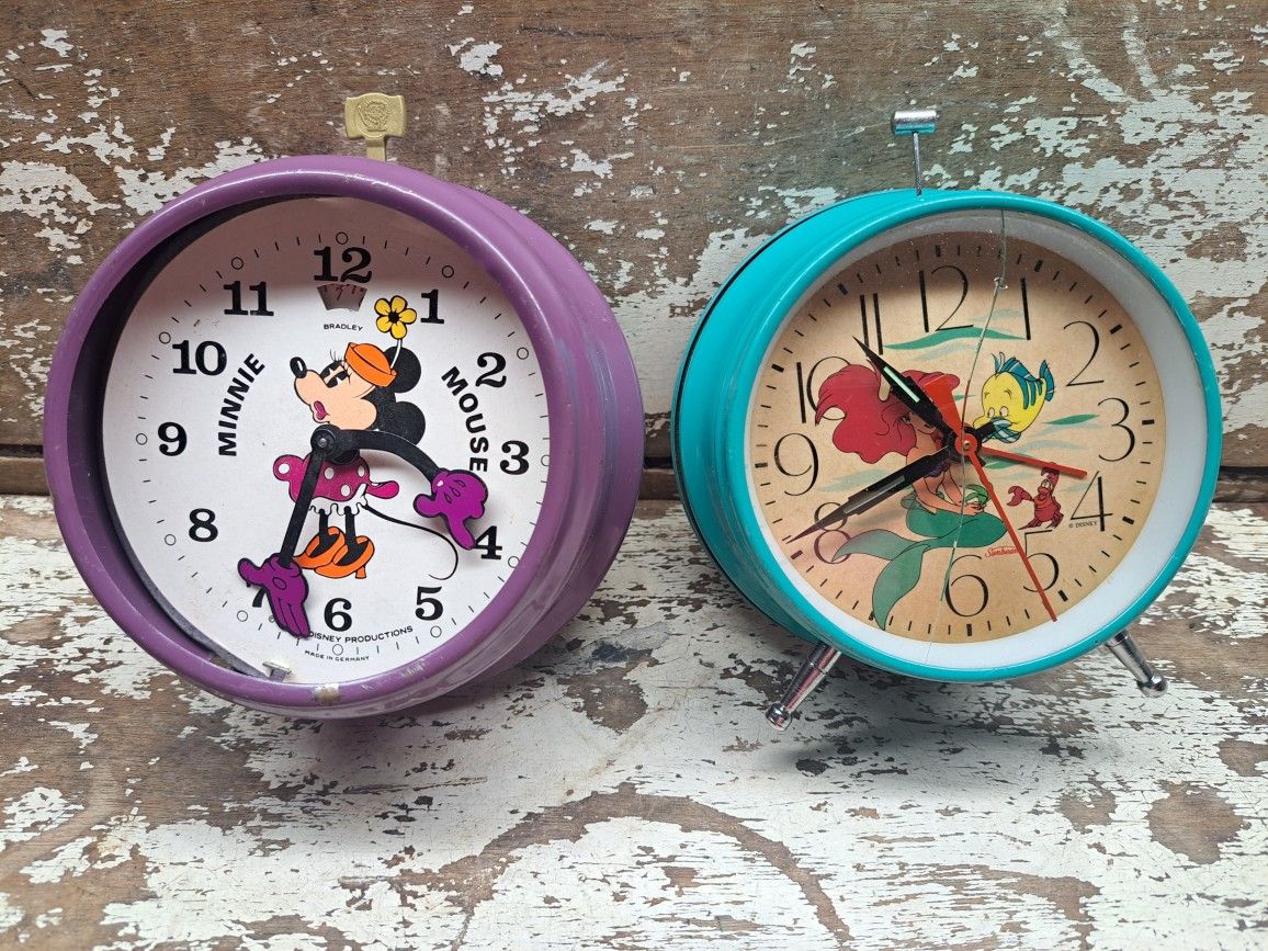 2 Vintage Disney Alarm Clocks 1990s Little Mermaid 1970s Minnie Mouse Made In Germany Art Craft Supplies Decor Repair