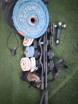 Weight plates + dumbbells + bars