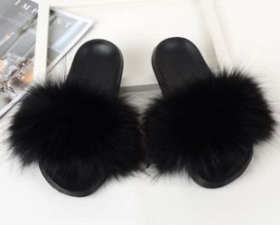 Black Fur Slides Women's Size 7