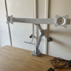 DUAL MONITOR DESK MOUNT 💥 CHROME & WHITE ** Raise / Lower, Portrait / Landscape - USB & USB-C Ports