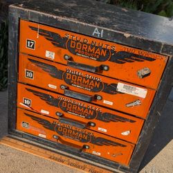 Vintage Parts Box Chest Heavy Gauge Metal 4 Drawers Dorman Car Part Hardware Steel Toolbox Storage Man Cave Garage Stackable 