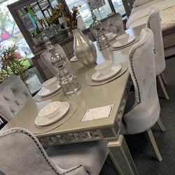 Beautiful 7 Piece Silver Dining Set Brand New In Box Firm Price $1,660 Mirrored Table Grey Velvet Chairs With Faux Crystal Tufted