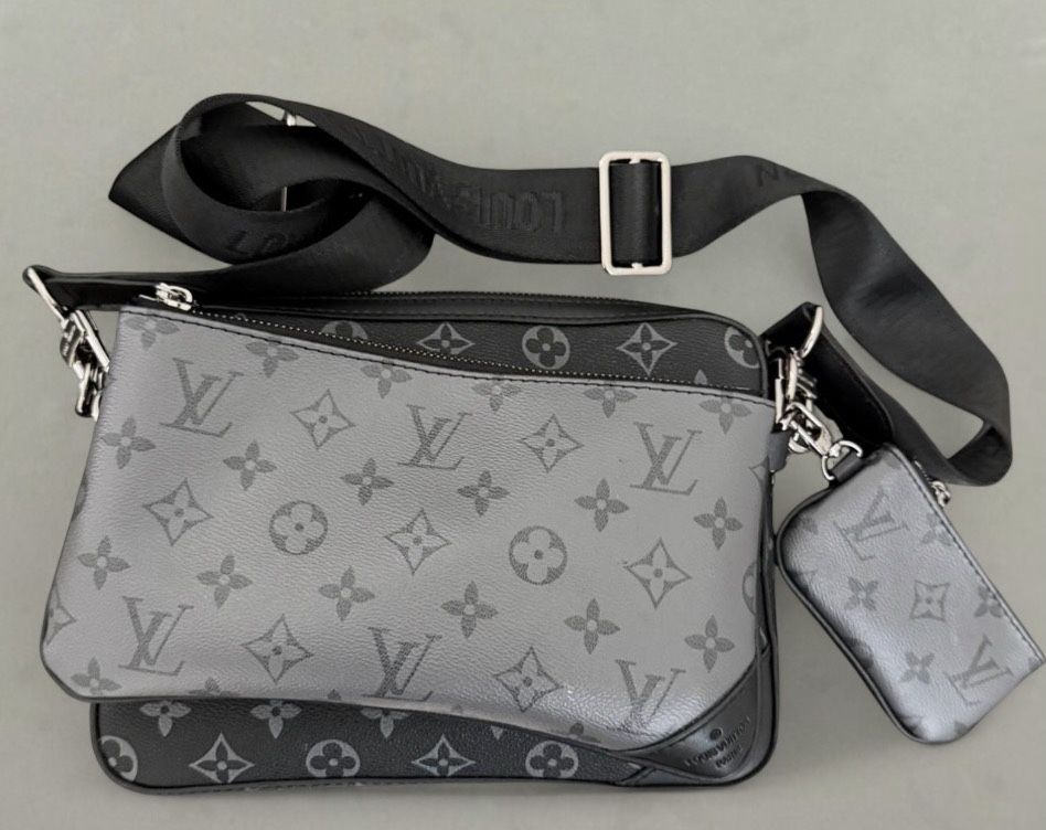 3 Piece Black & Grey Leather Messenger/Accesory Bag Trio