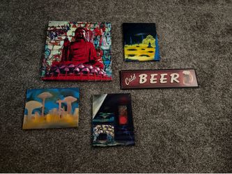 Lot of 4 canvas art paintings and 1 Cold beer sighn
