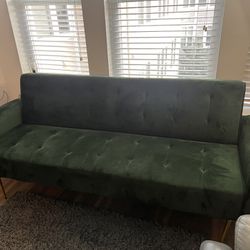 Tufted Green Velvet Futon couch w/broken Leg And Replacement Legs