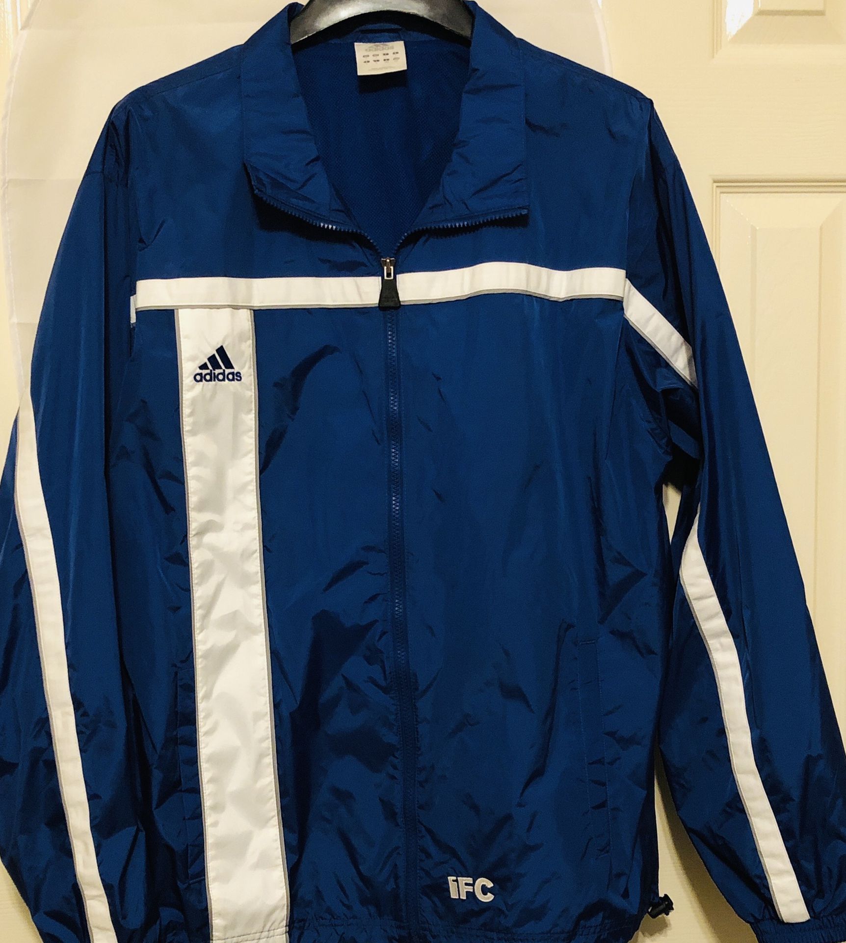 Adidas Jacket Special Edition Made for iFC Channel RN# 88387 CA# 40312 Blue with White Stripes Warm-Up Track Jacket Men's Large