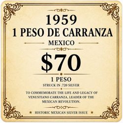 1959 Mexico 1 Peso “Carranza” Silver Coin | .720 Silver | Mexican Revolution Commemorative