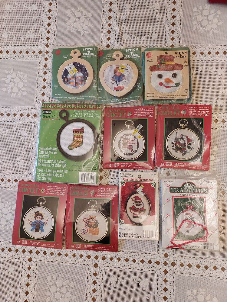 Lot of 10 Vintage Christmas Holiday Counted Cross Stitch Ornaments Kits NEW