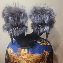 Suede Boots With Real Silver Fox Fur