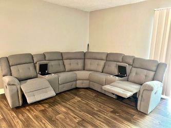 🔥 Brand new grey upholstered comfy fabric curve/corner recliner sofa W/ Cup Holders, Storage Console | Pay After Delivery 🚚