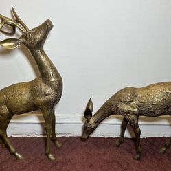 Large Brass Deer Figurines / Sculptures Buck Doe Pair 23"