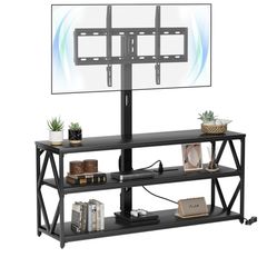 Swivel TV Stand with Mount for Television up to 75”, Entertainment Center with Power Outlet and Storage Shelves for Living Room, Black