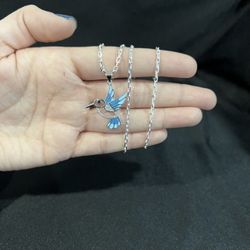 925 Sterling Silver Womens Blue Humming Bird Pendant & Forz Chain