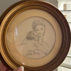 Vtg. Original Sketch Art Irene Spencer Signed "Sleep Little Baby" Mother Child Portrait Gold Frame Lithograph Signed Titled Rare Mid Century 70’s 
