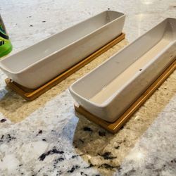 Ceramic Succulent Pots - 1 Pot - Long Rectangle - with Bamboo Tray - White - 11"