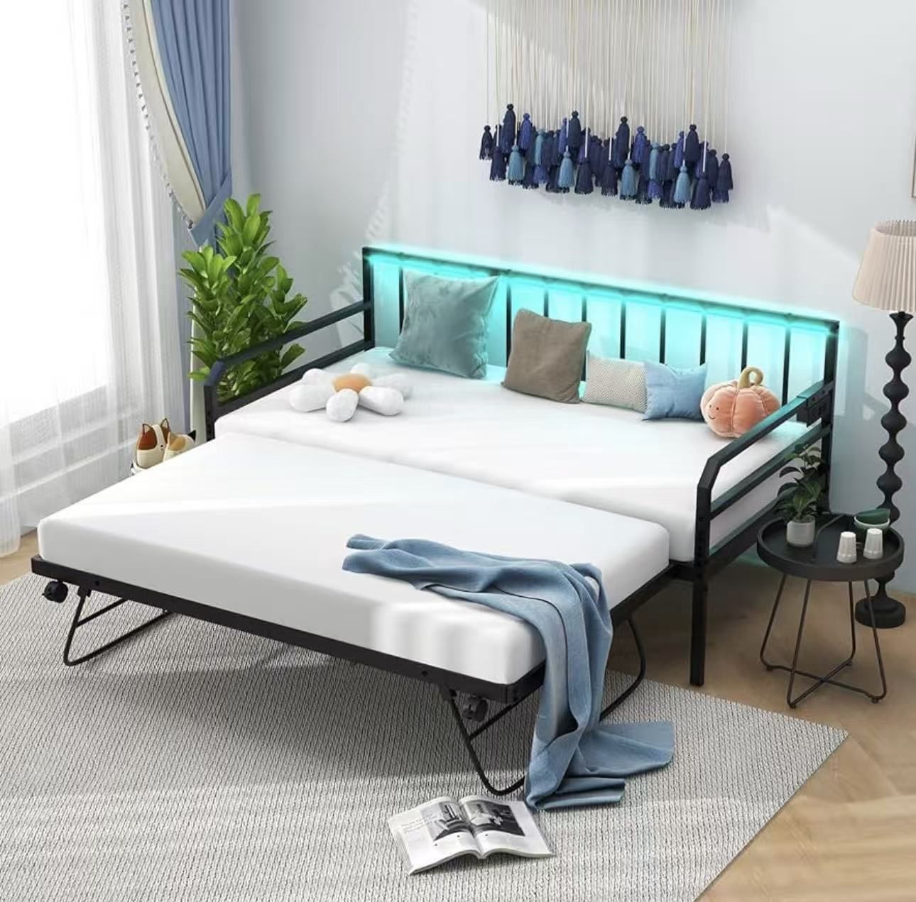 Twin Daybed with Pop Up Trundle, Metal Sofa Bed with Charging Station & LED Lights $200