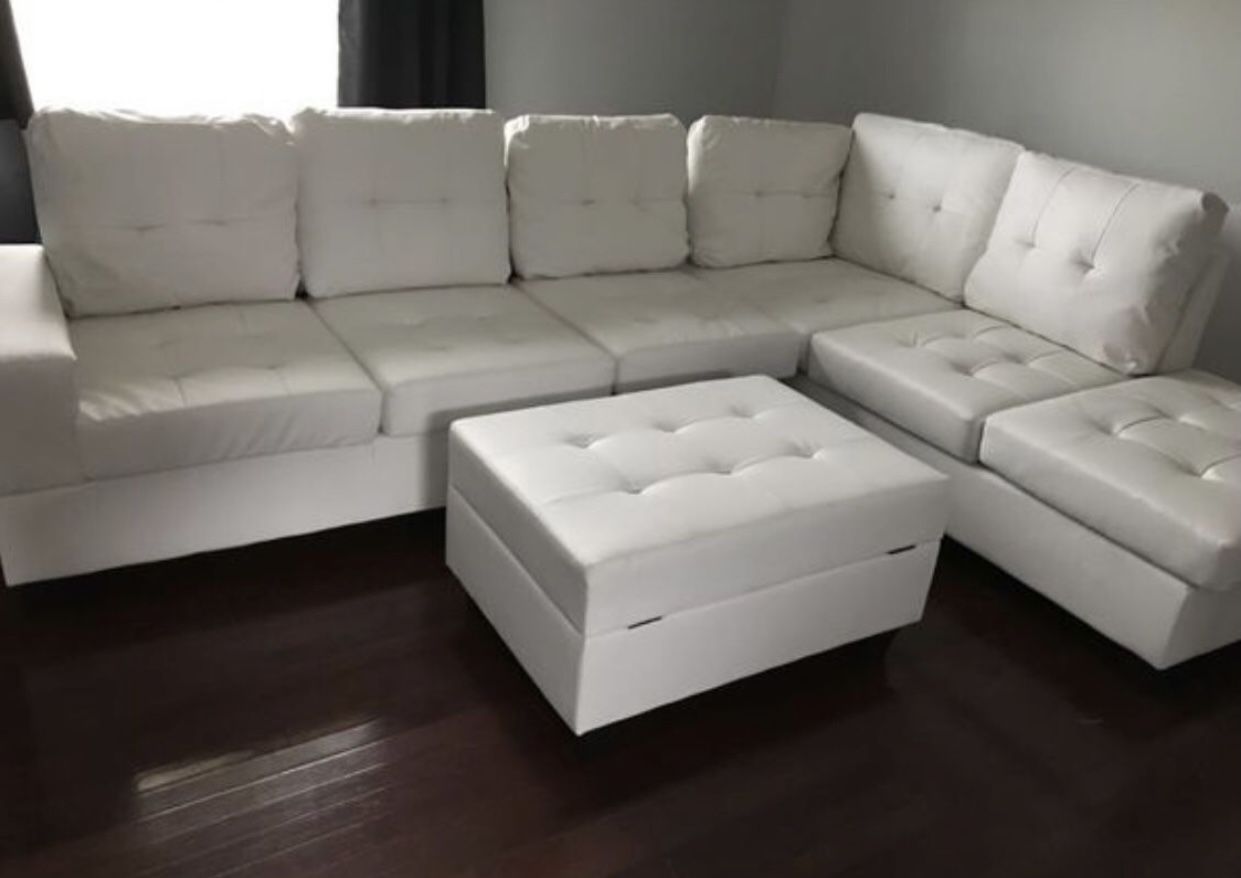 NEW White Leather Sectional Couch With Ottoman 