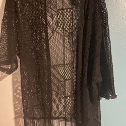 Black Lace Duster/cover Up With Fringe 