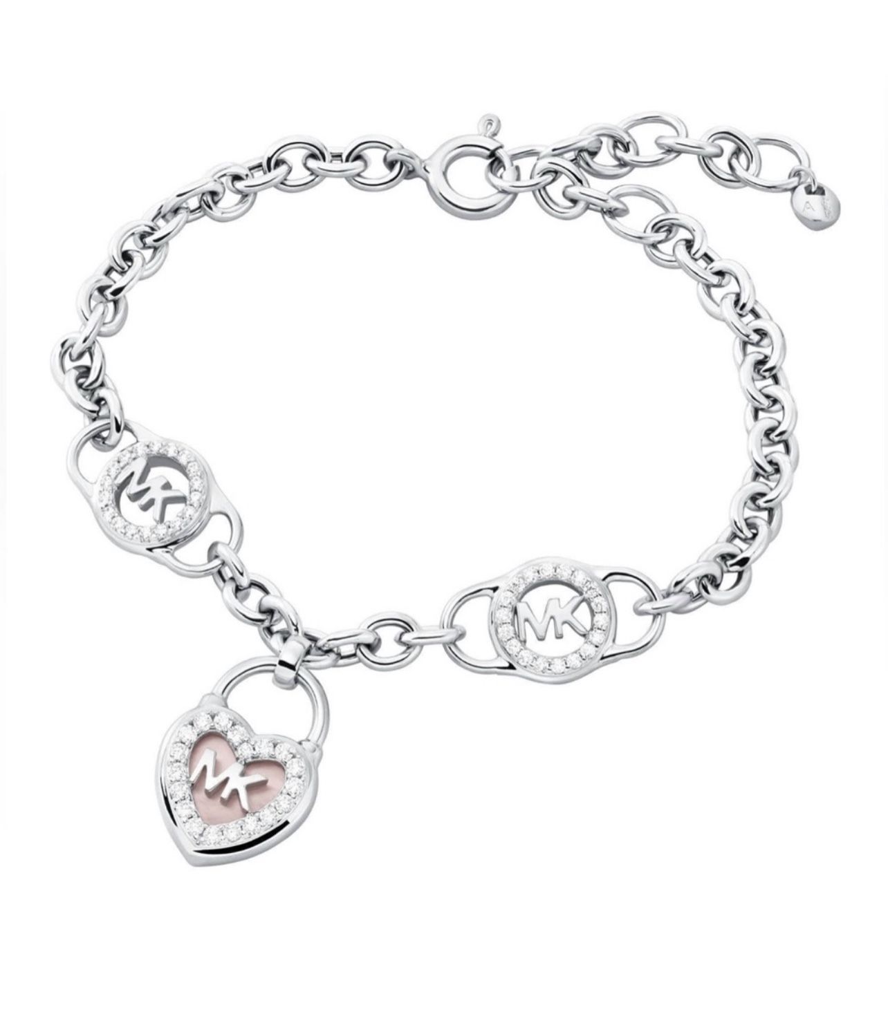 MICHAEL KORS SILVER CZ & PEARL HEART PADLOCK LARIAT NECKLACE MKC1561A6040 NIB