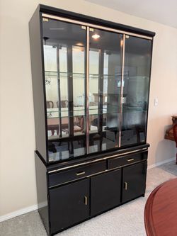 Black Lacquer & Brass Display Cabinet / Hutch with Lights