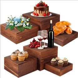 6 Pcs Wooden Risers Display Stands Set - Rustic Wood Cake Stands, Nesting Display Blocks