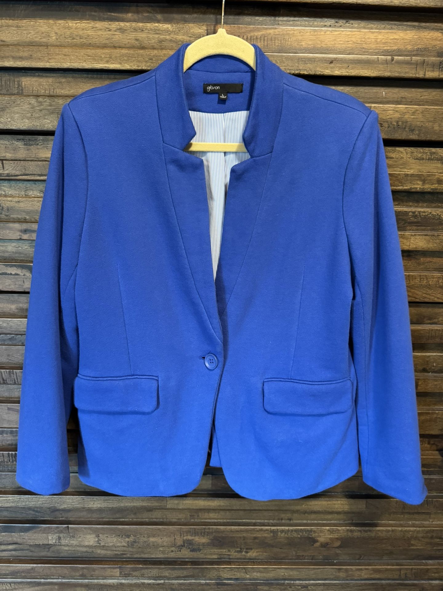 Women's Gibson Notch Collar Single Button Blue Blazer Cotton Sz LRG Suit Jacket