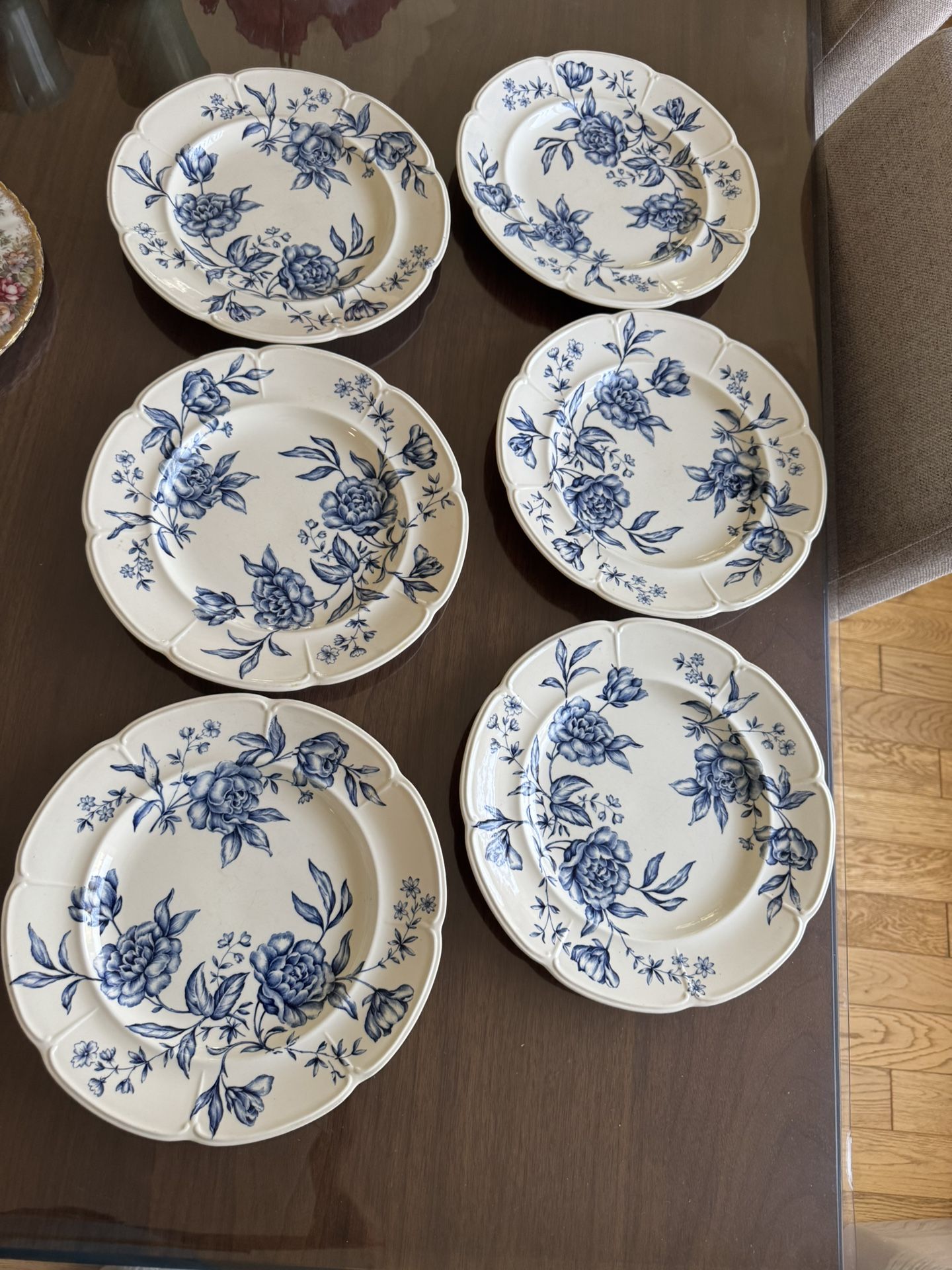 Set Of 6 Dinner plate Vintage Dinner Plate by Johnson Brothers, Blue and White China, Peonies, Made in England, "Windsorware"