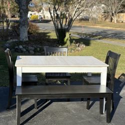 5pc black whitewashed dining set 36x54 66 table 3 chairs & black bench