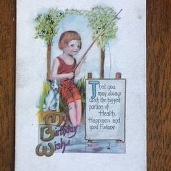 Vintage Victorian Birthday Postcard Child Fishing with His Dog